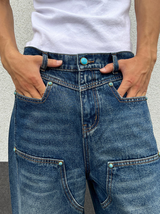 Damage Washed Wide Leg Denim Jeans WN24031