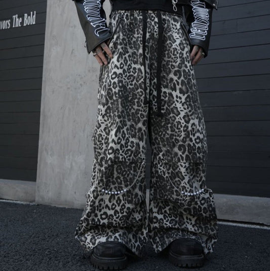 Leopard Studs Chain Detail Wide Leg Cargo Pants WN28012