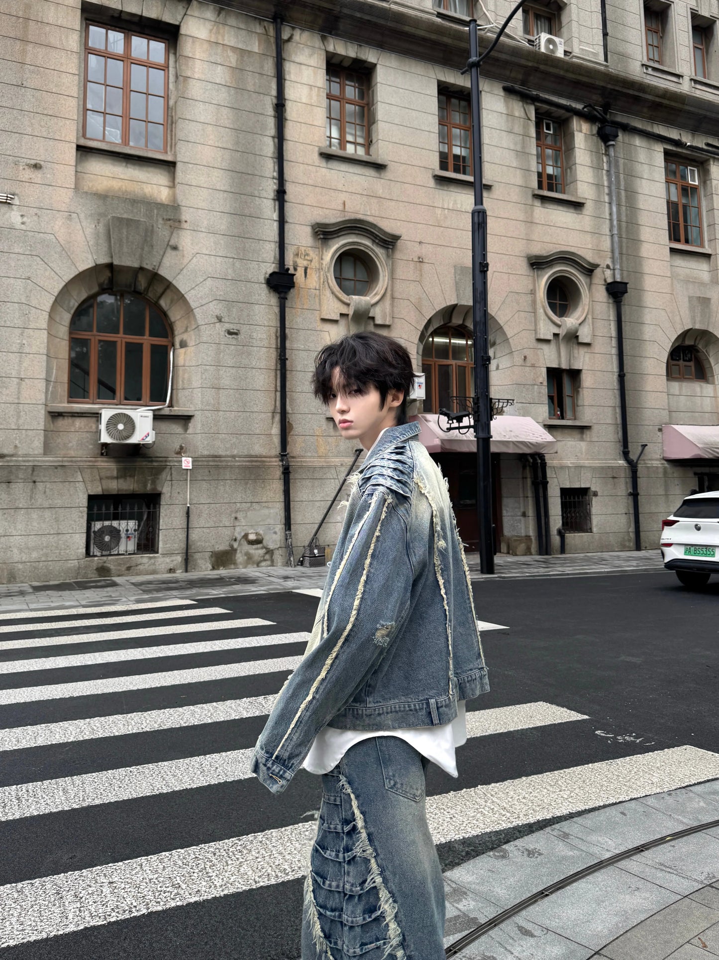 Fringe Damage Wash Denim Jacket & Wide Leg Denim Jeans Setup WN20756