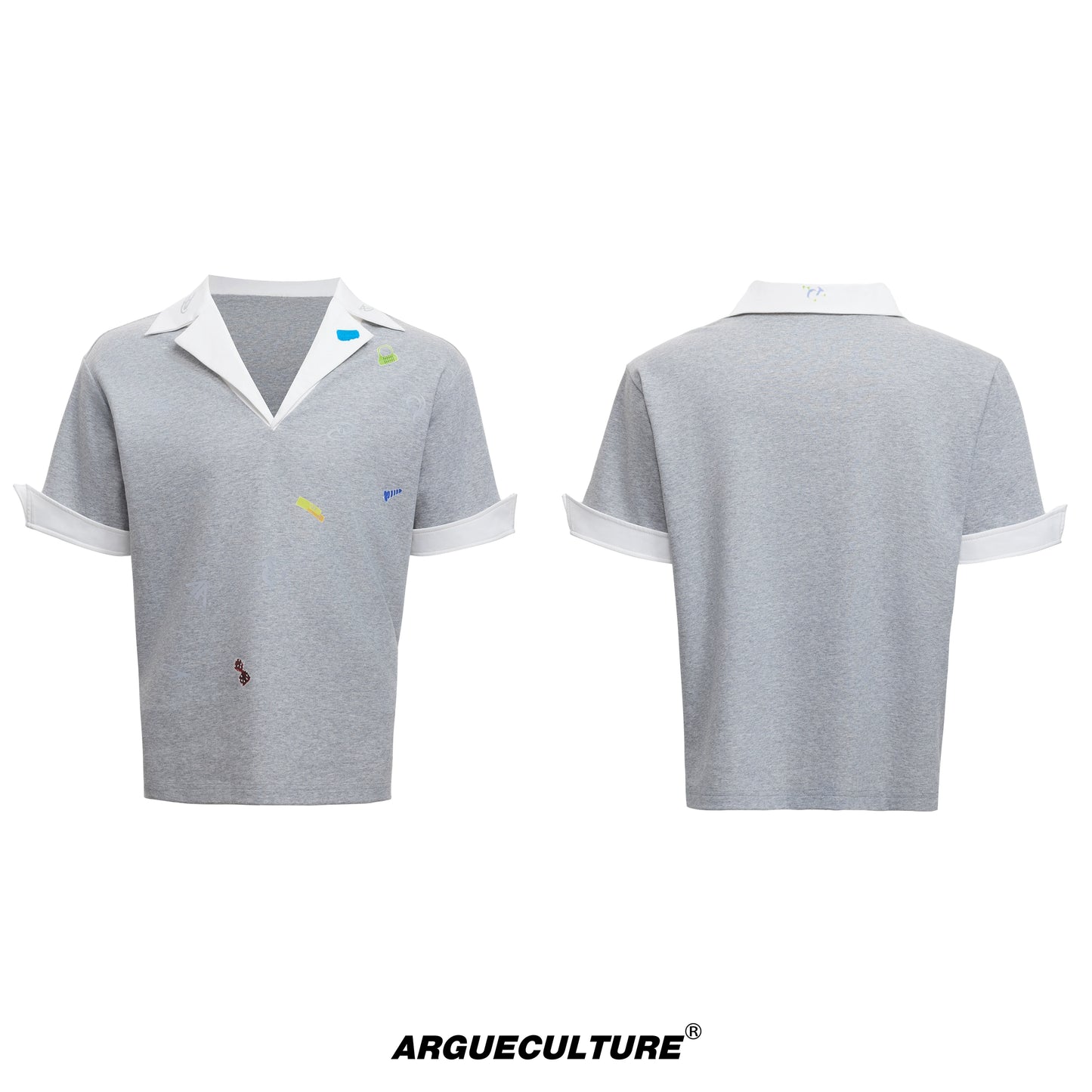 Sticker Print V-Neck Fake Layered Short Sleeve Polo T-Shirt WN18375