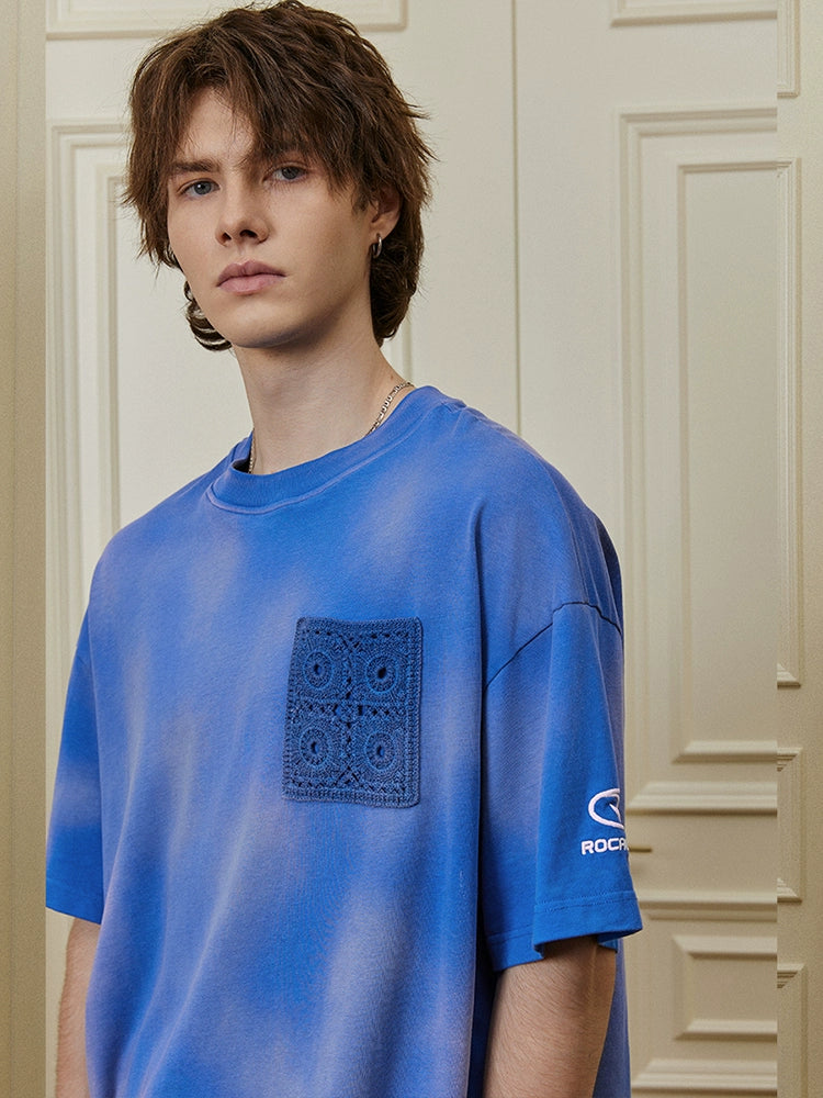 Embroidery Design Faded Drop Shoulder Short Sleeve T-Shirt WN17877