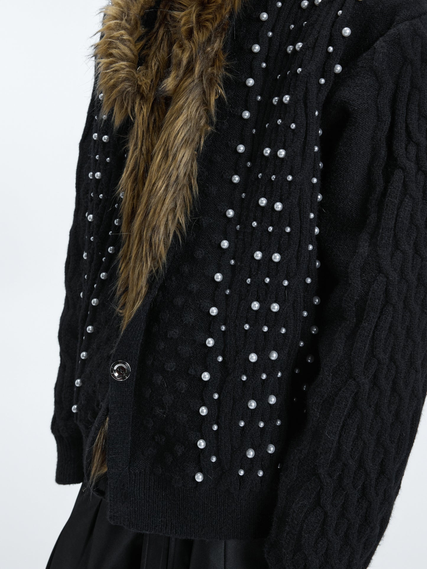 Fake Fur Collar Fleece Lining Pearl Beads Knit Cardigan WN22591