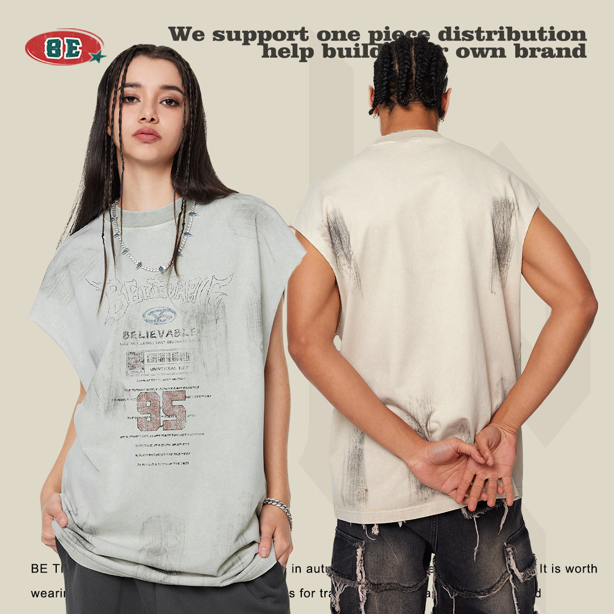 Washed Damage Print Oversize Tank Top T-shirt WN6391