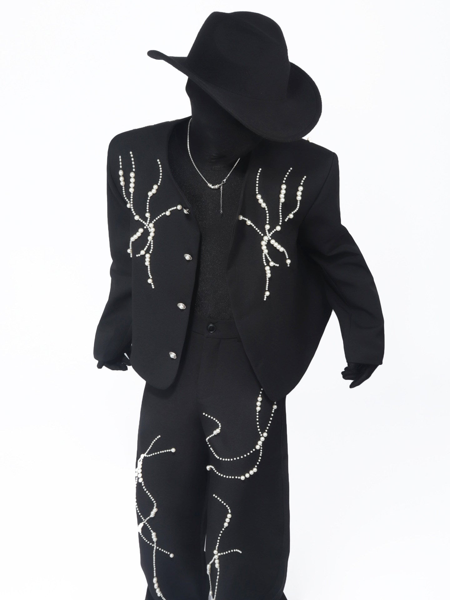 Rhinestone Line Short Jacket & Rhinestone Line Wide Leg Trousers Setup WN23706