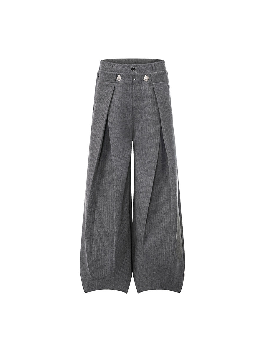 Double Waist Pleats A-Line Stripe Draped Wide Leg Trousers WN24225