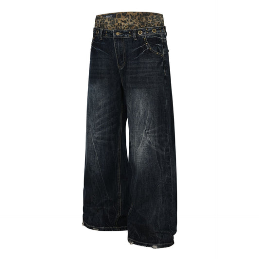 Fake Layered Leopard Print Wide Leg Denim Jeans WN26148