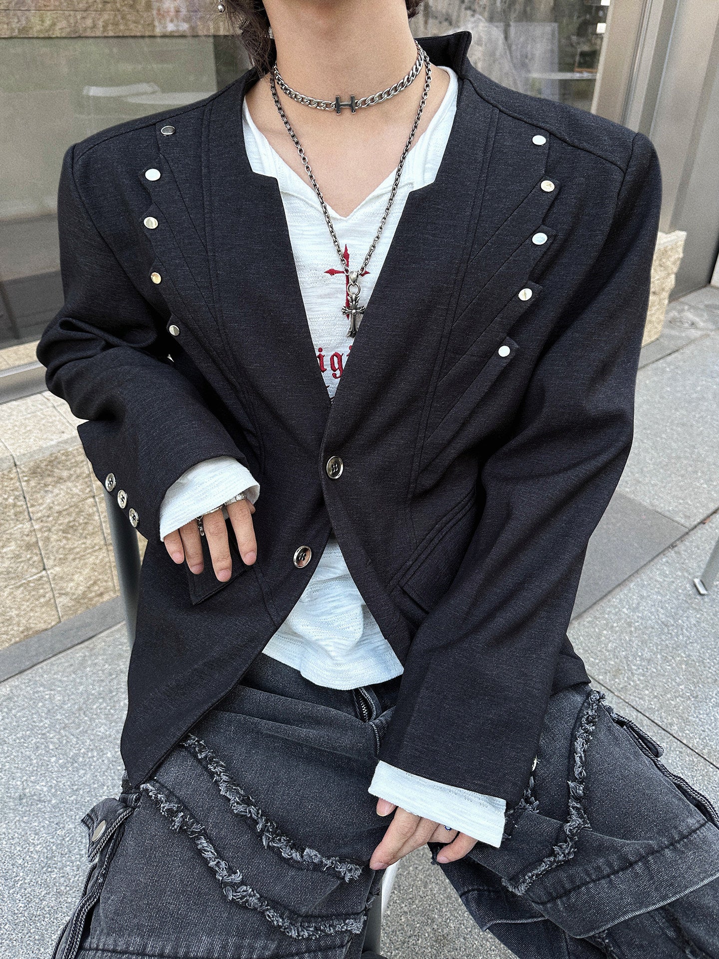 Stud Detail Collarless Tailored Jacket WN25143