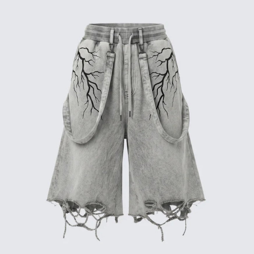 Lightning Print Damage Frayed Denim Half Jeans WN28046