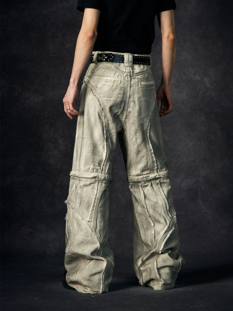 Dyed Raw Hem Detachable Wide Leg Straight Denim Jeans WN18468