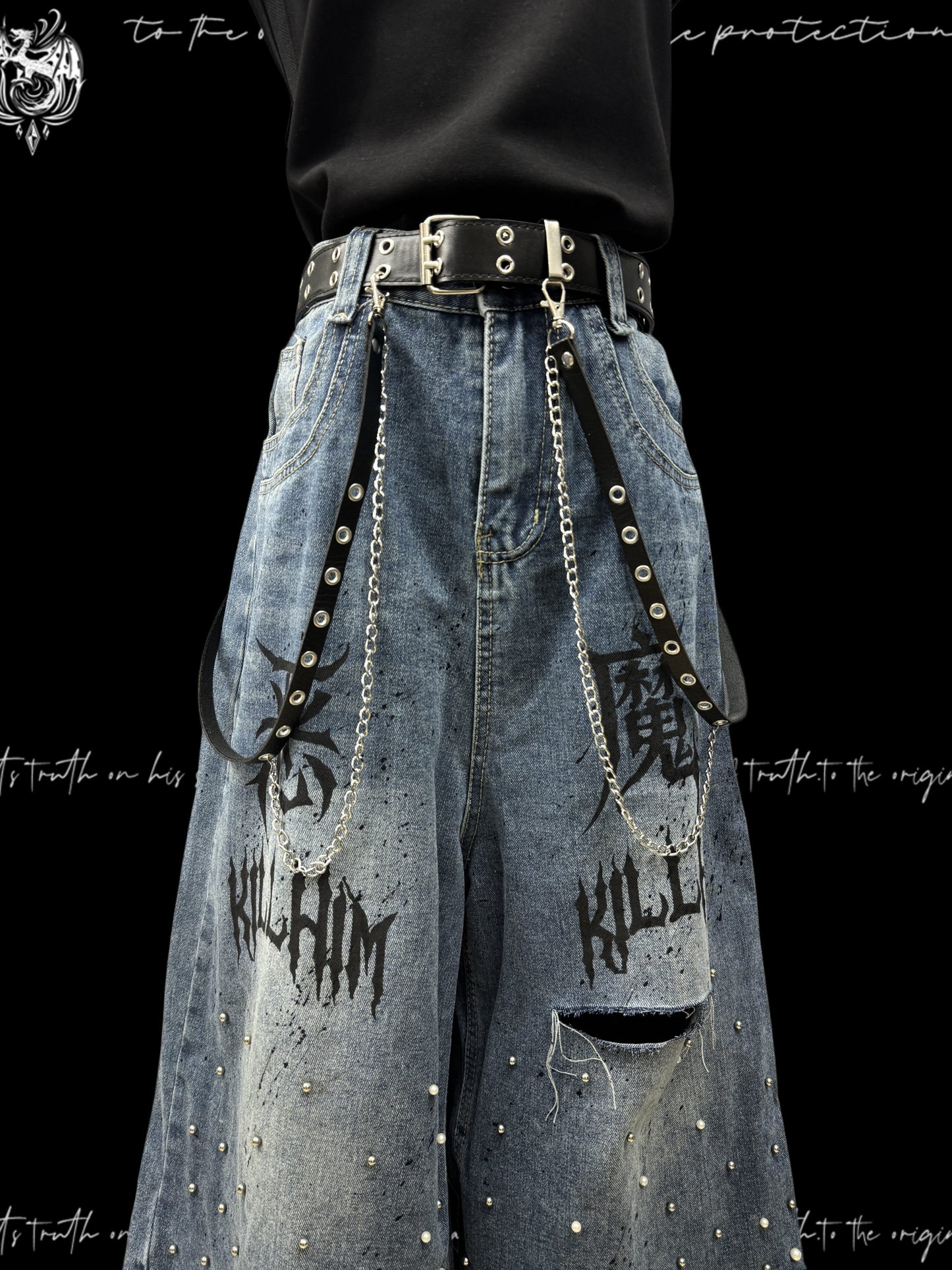 Cropped Graffiti Studs Wide Leg Denim Jeans & Skull Belt & Cross Belt & Belt Chain WN23825