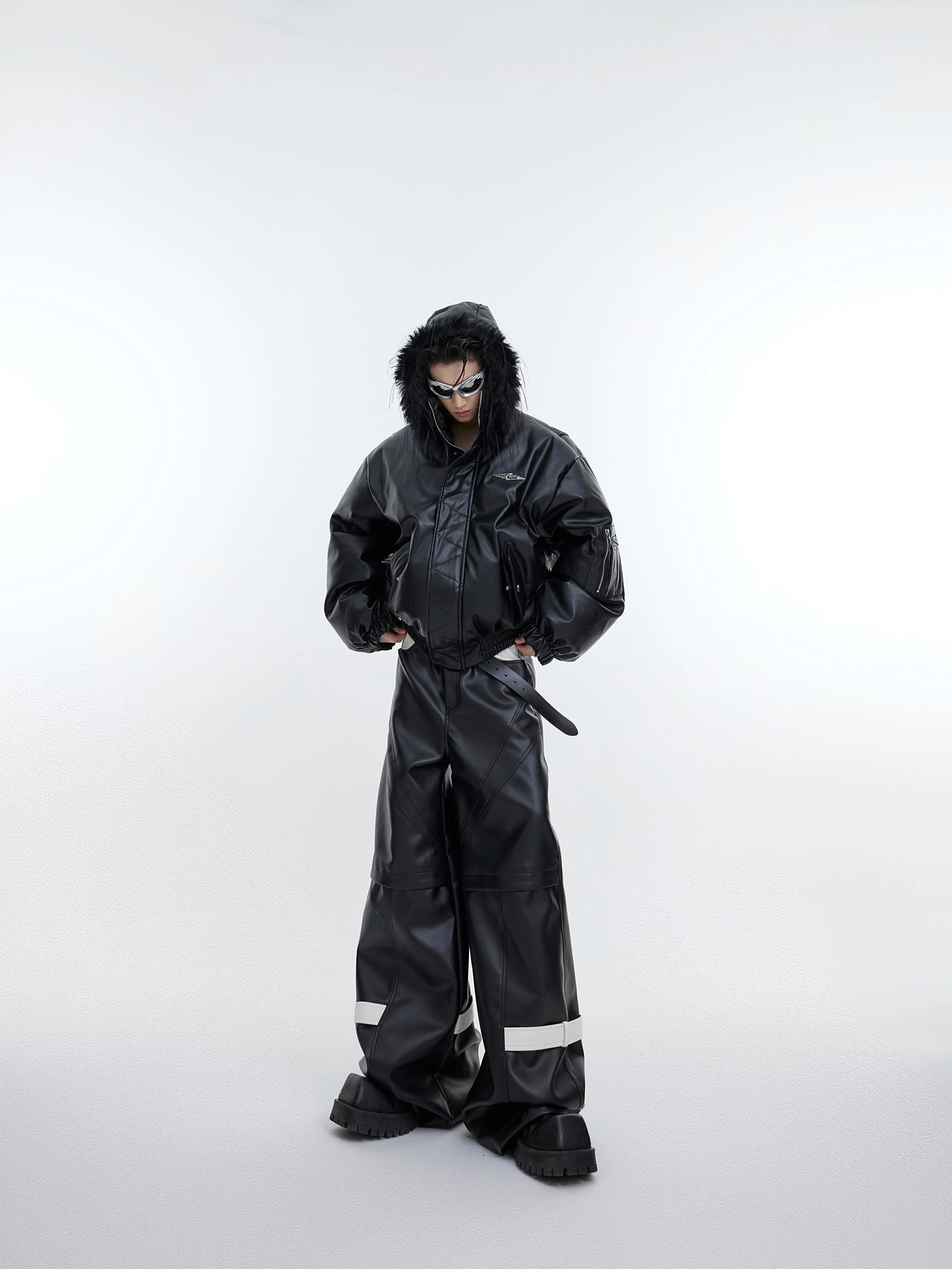 Faux Fur Patchwork PU Leather Hooded Short Puffer Jacket WN9852