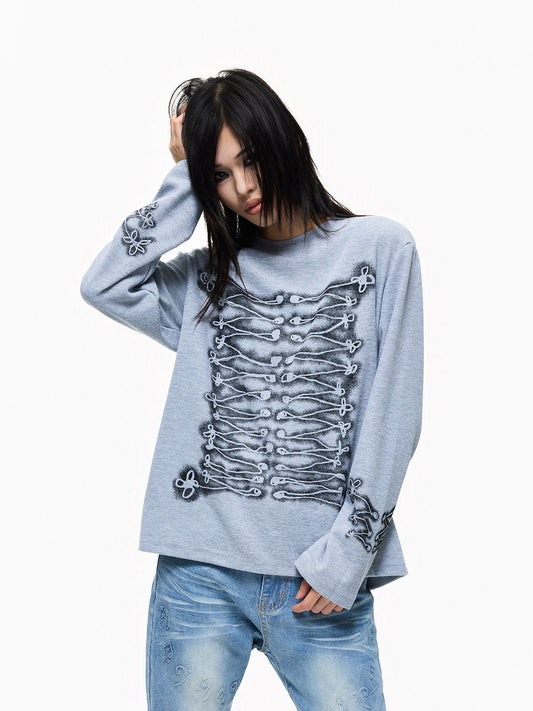 Skeleton Graphic Oversize Waffle Long Sleeve T-Shirt WN27254