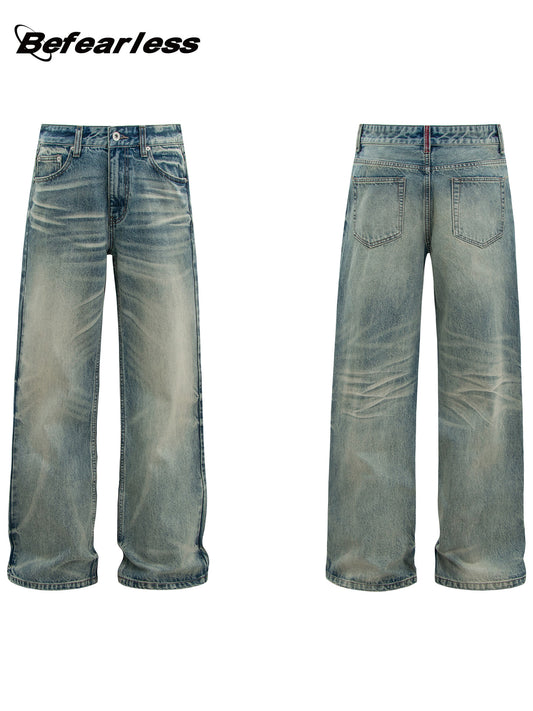 Washed Whisker Straight Wide Leg Denim Jeans WN26356