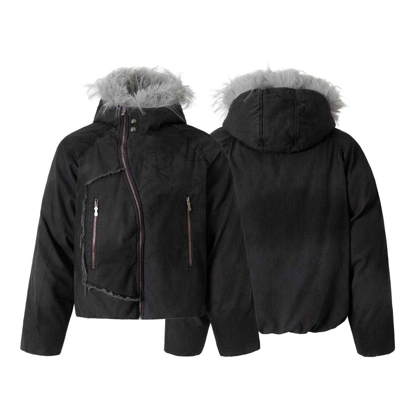 Fake Fur Collar Washed Deconstruction Puffer Jacket WN21925