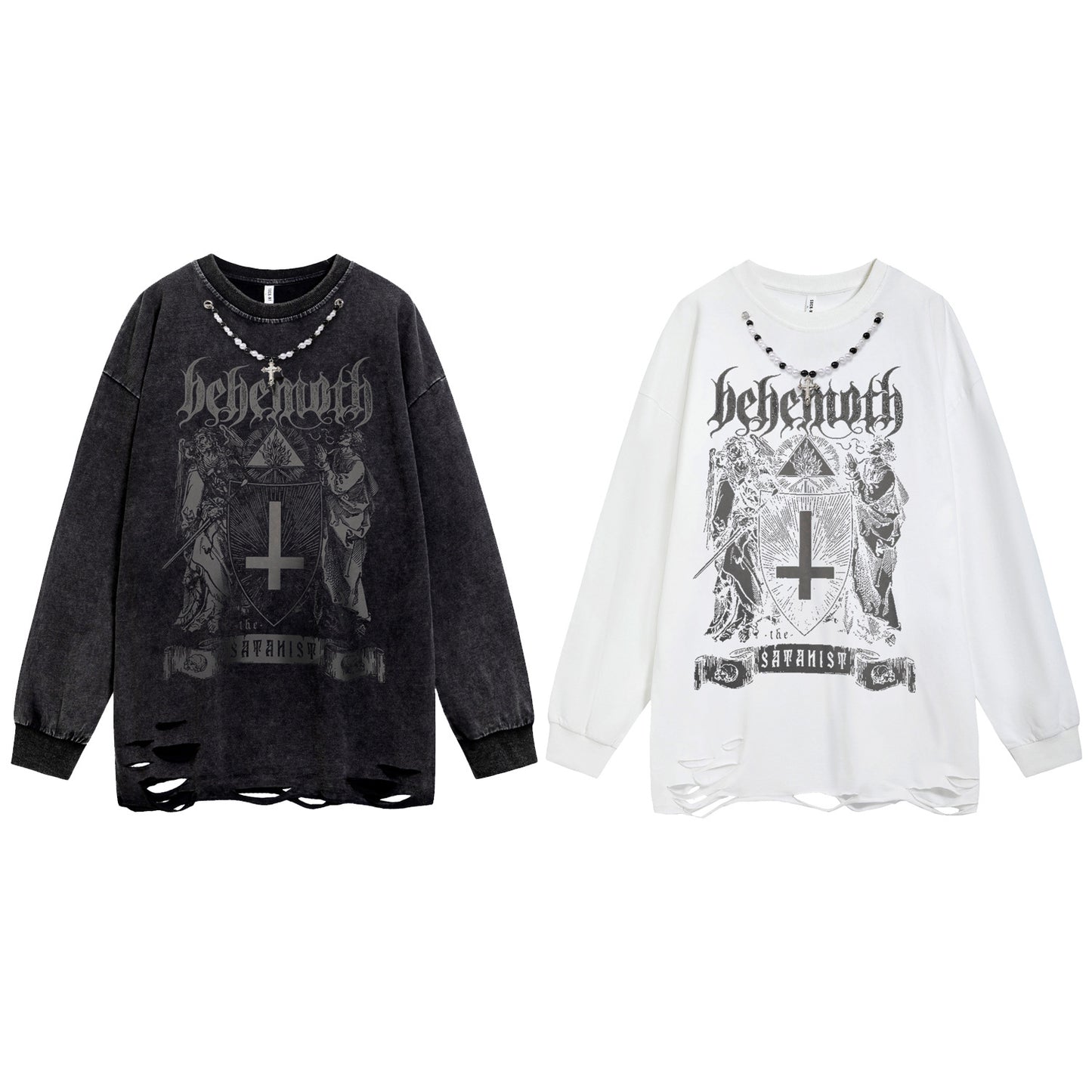 Oversize Cross Print Washed Damage Long Sleeve T-Shirt WN16491