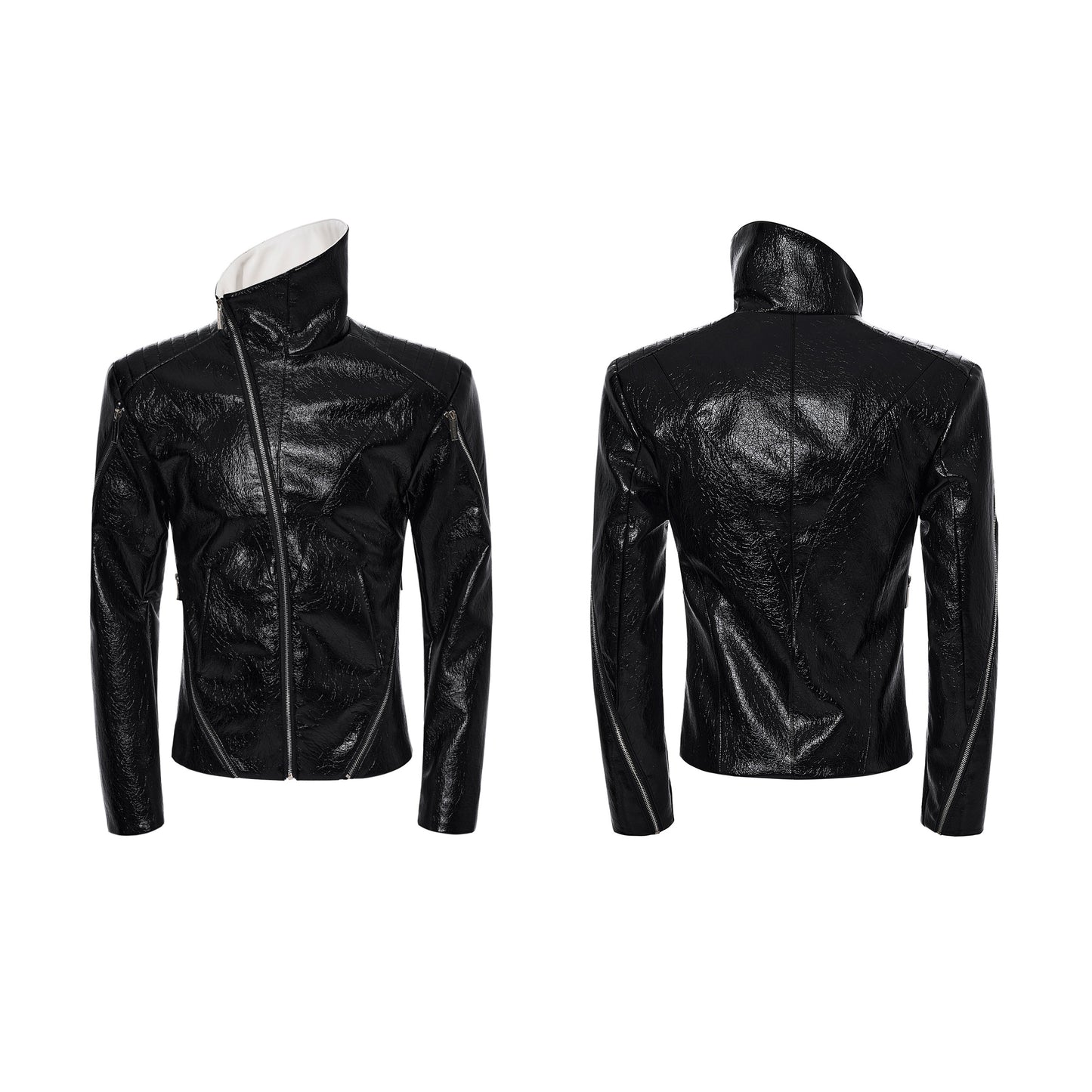 Deconstructed Asymmetrical Zipper Stand Neck Leather Jacket WN23271