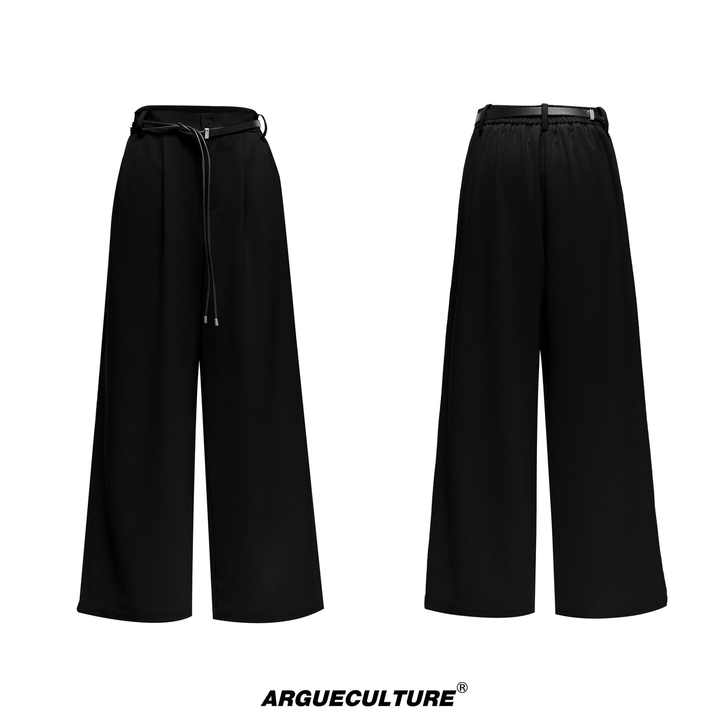 Ribbon Tie Shoulder-Pad Long Sleeve Shirt & Wide Leg Pants Setup WN20528