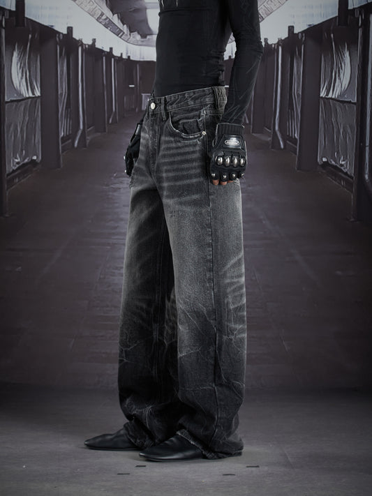 Art Whisker Honeycomb Wash Damage Straight Denim Jeans WN22902