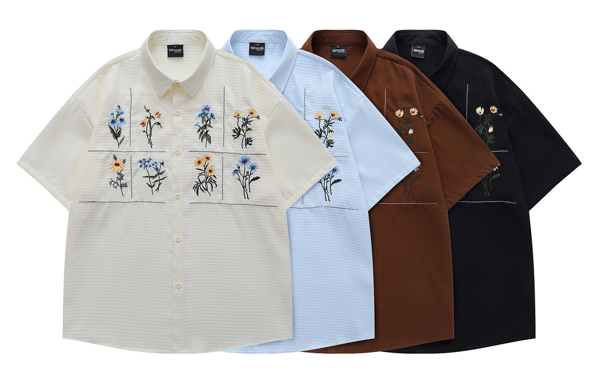 Flower Embroidery Waffle Short Sleeve Shirt WN26913