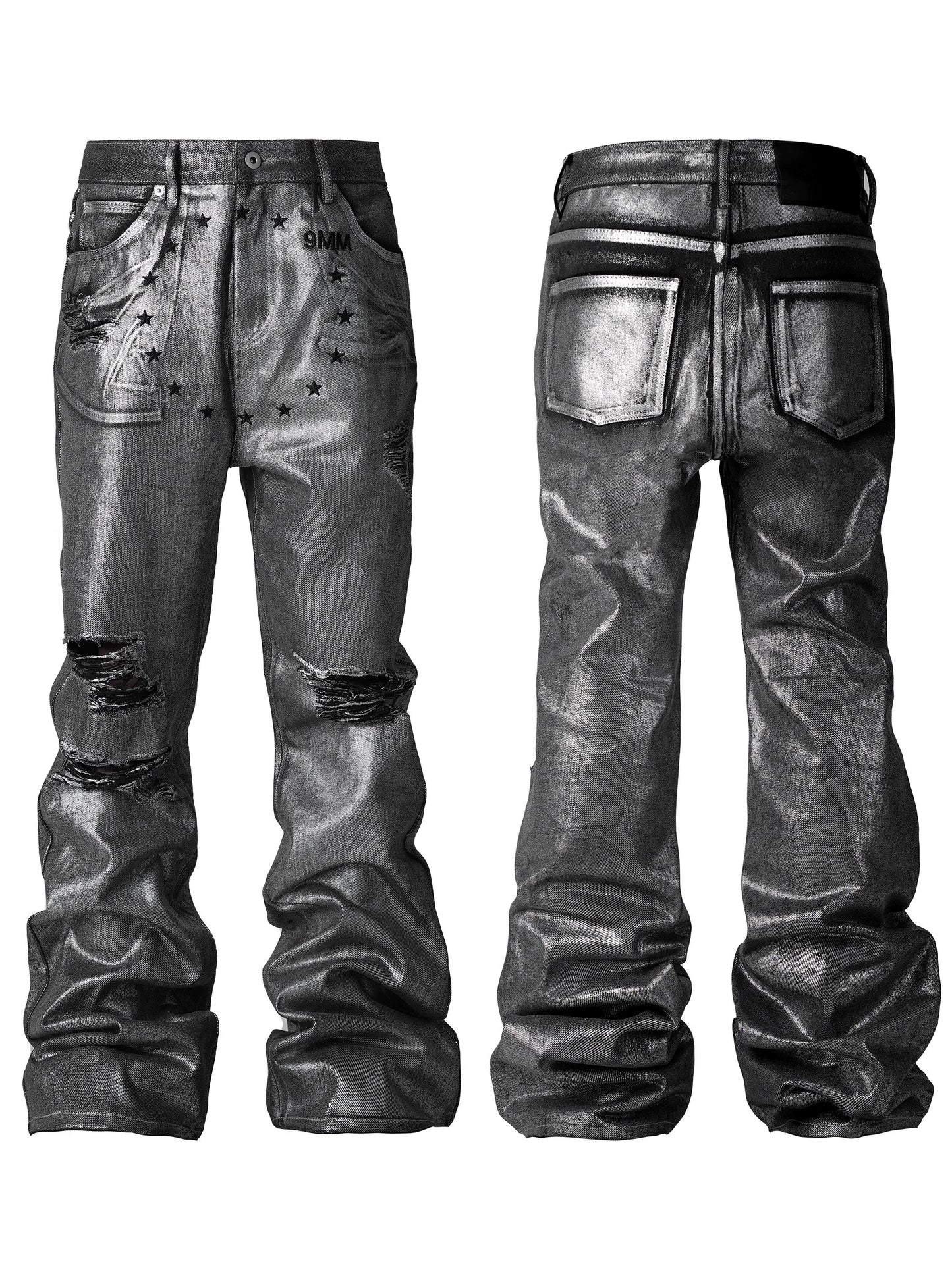 Silver Coating Embroidery Damage Stacked Flare Denim Jeans WN18086