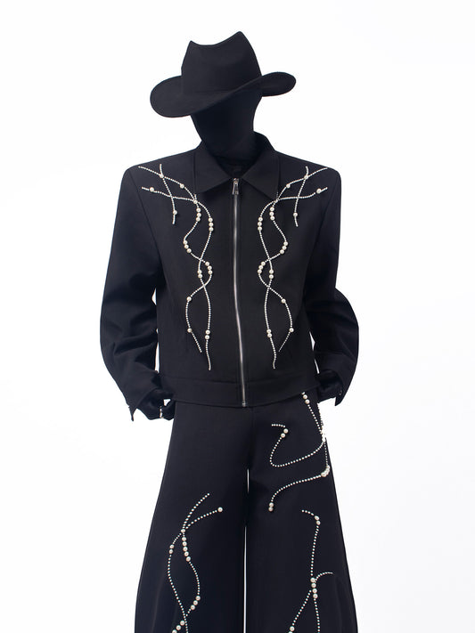 Rhinestone Line Short Jacket & Rhinestone Line Wide Leg Trousers Setup WN23706