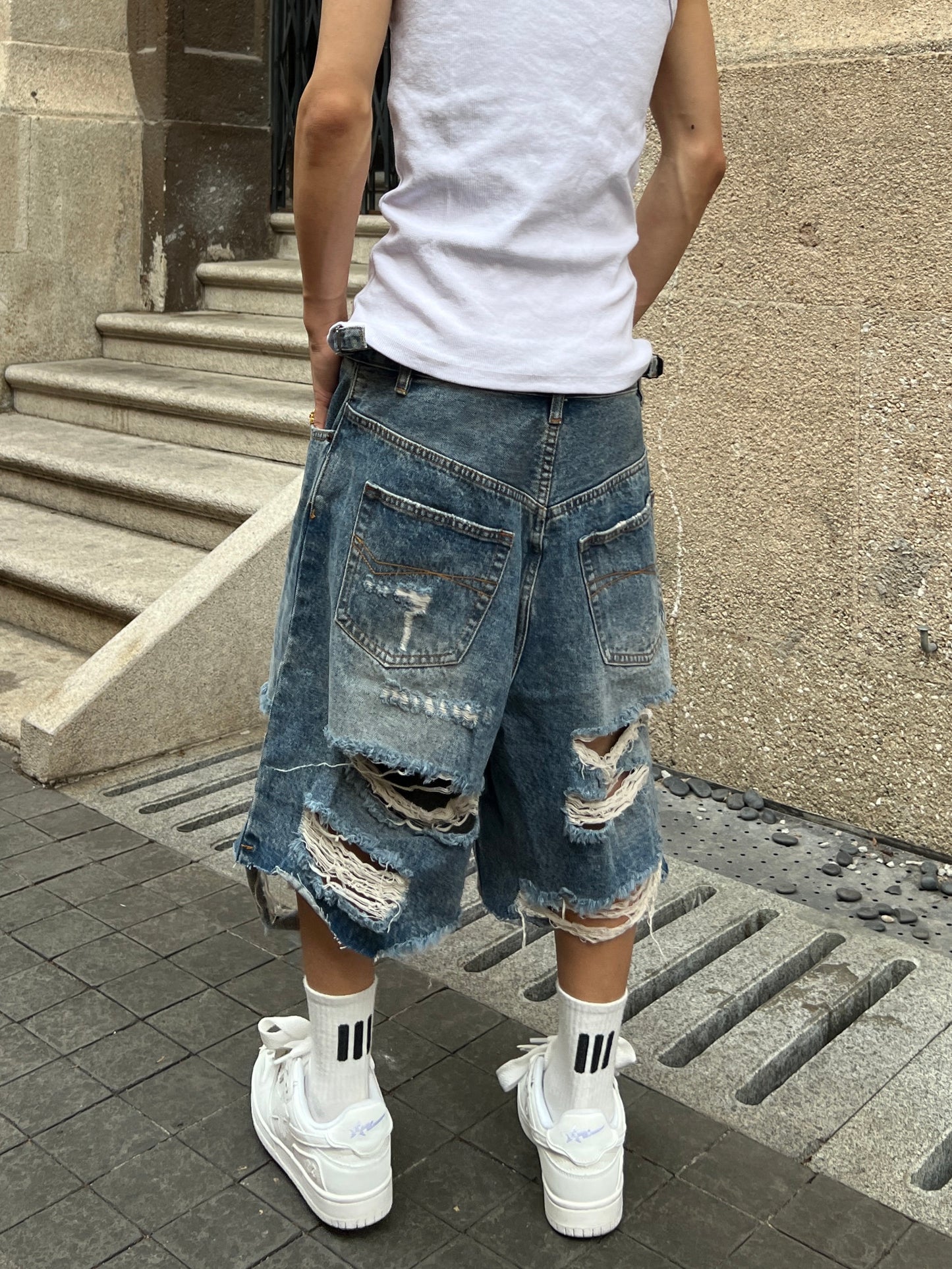 Damage Ripped Wide Leg Denim Half Jeans WN24069