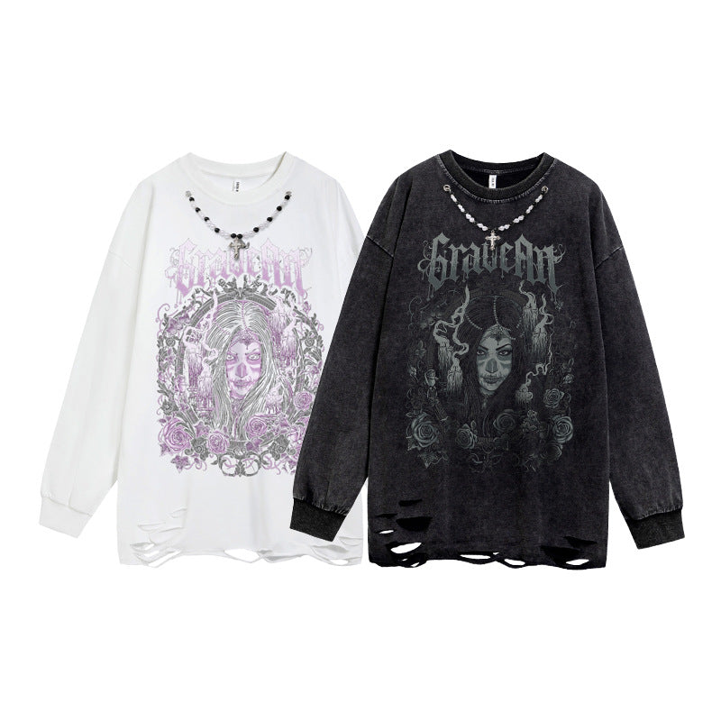 Oversize Graphic Print Damage Long Sleeve T-Shirt WN16492