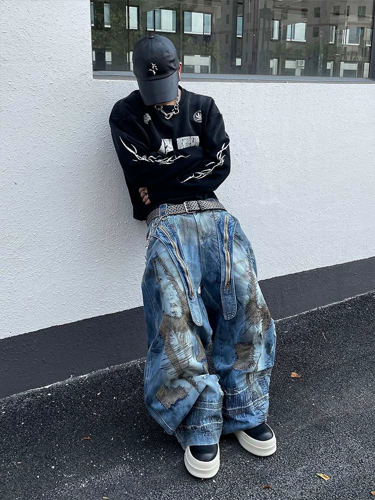 Washed Irregular Stitch Stain Wide Leg Denim Jeans WN16297