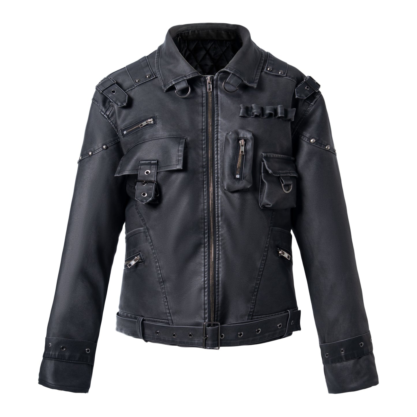 Heavy Deconstruct Patchwork Fitted Short PU Leather Jacket WN22910