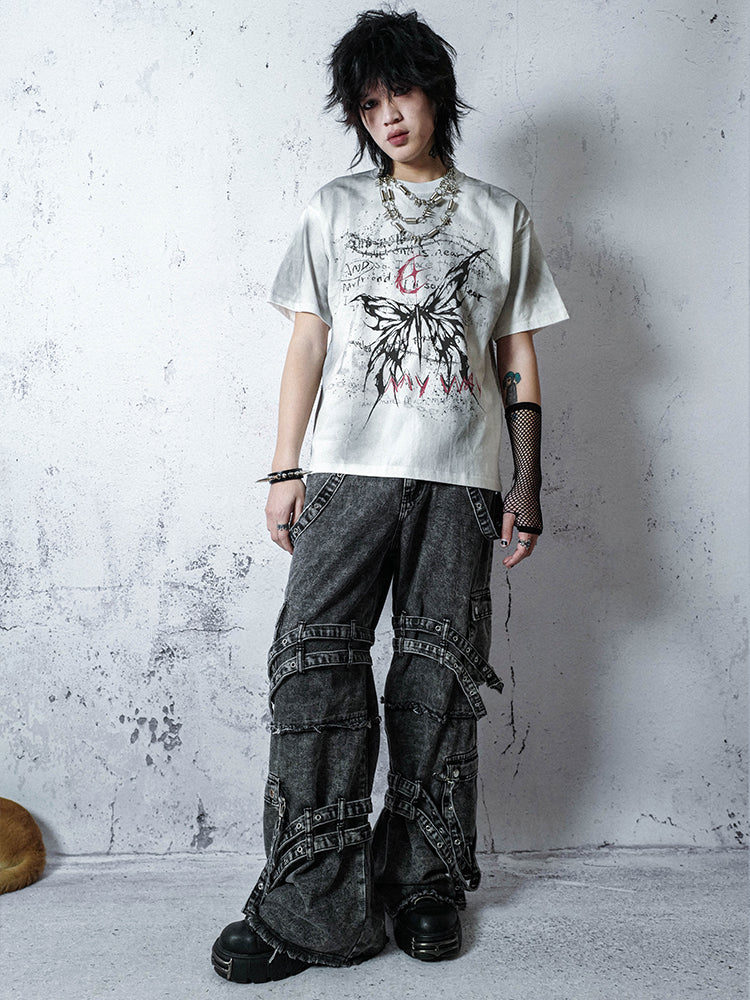 Punk Strap Wide Leg Denim Jeans WN16048