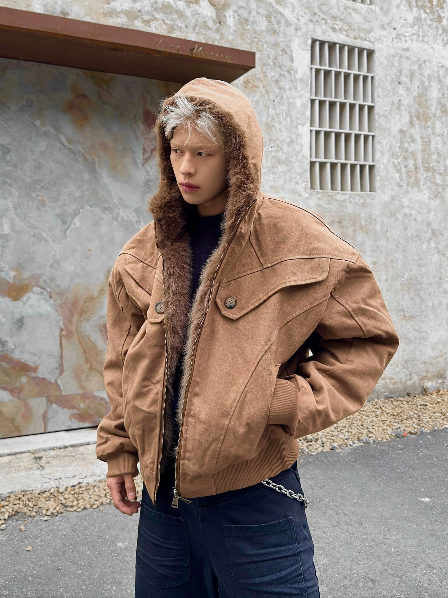 Armored Structured Hooded FakeFur-Collar Short Jacket WN22211