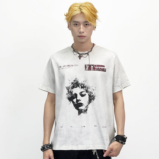 Portrait Print Wash Damage Short Sleeve T-Shirt WN24265