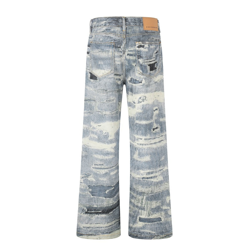3D Print Damage Washed Wide Leg Denim Jeans WN27953
