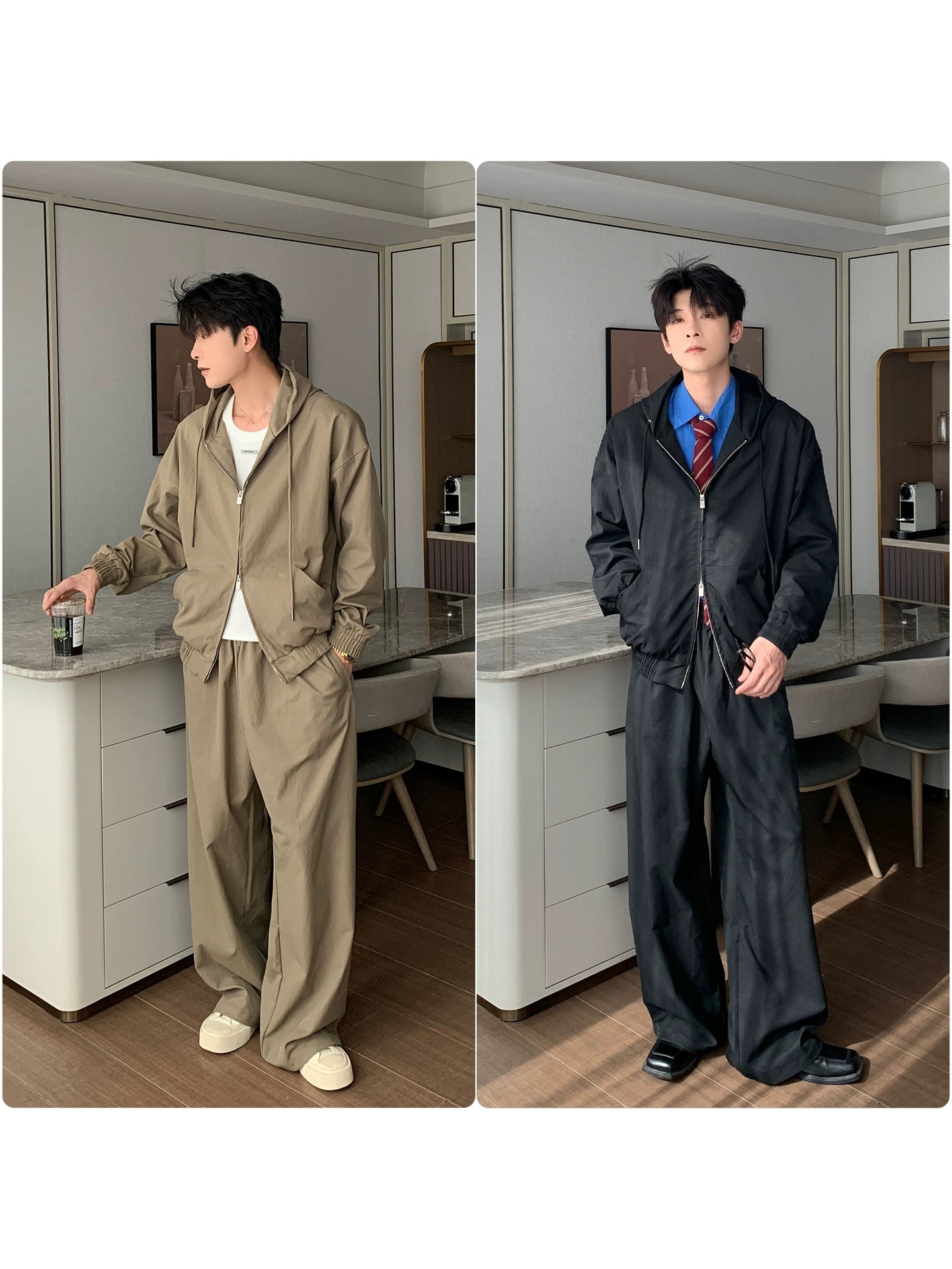 Hooded Zipper Jacket & Wide Leg Pants Setup WN20490