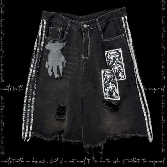 Stripe Damage Patch Denim Half Jeans & Skull Belt WN23792