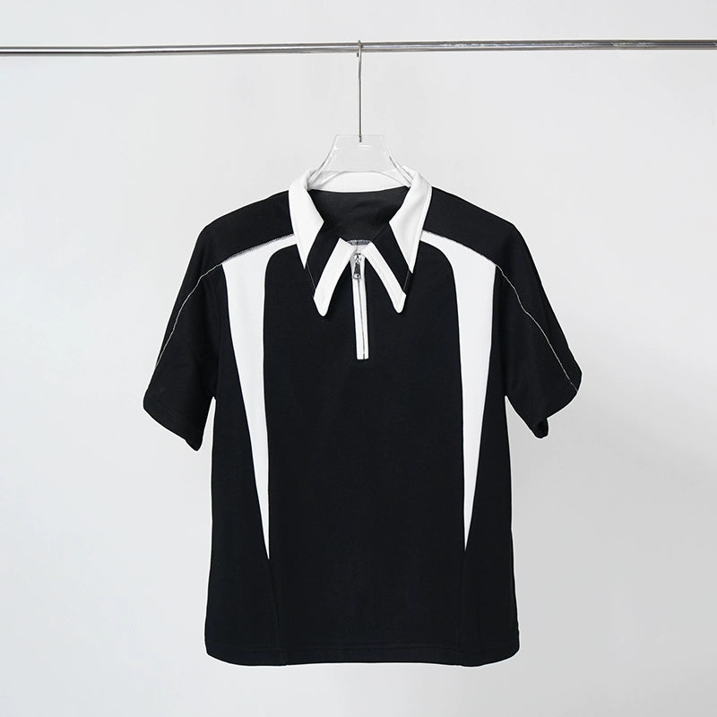 Contrast Half-Zip Turn-Down Collar Short Sleeve T-Shirt WN17311
