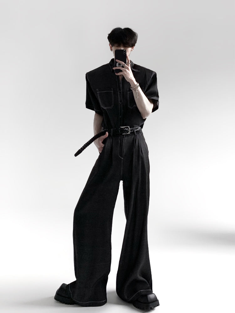 Shoulder-pad Short Sleeve Shirt & Straight Denim Jeans Setup WN15429