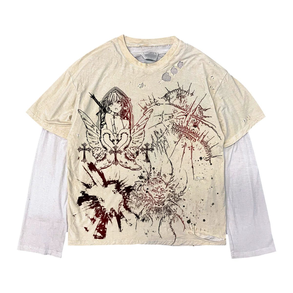 Fake Layered Graphic Design Long Sleeve T-Shirt WN16849