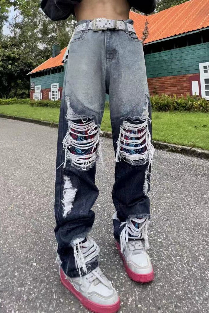Contrast Panel Ripped Layered Wide Leg Denim Jeans WN24048