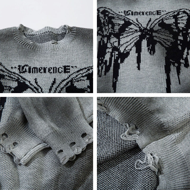 Spray-Paint Gradient Butterfly Jacquard Oversize Knit Sweater WN11437