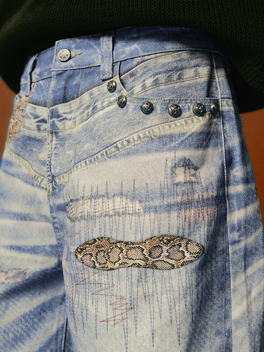 Embroidery Wash Wide Leg Denim Jeans WN23208