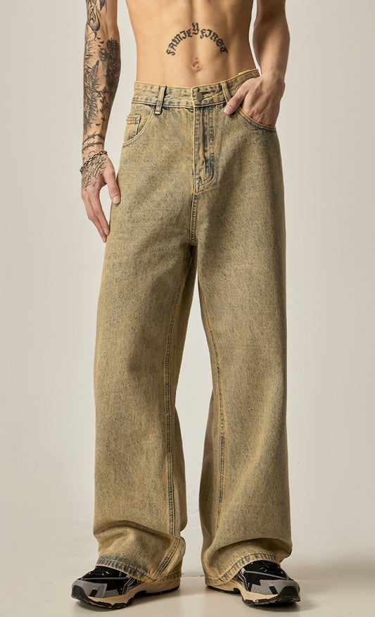 Yellow Mud Dyed Wide-leg Straight Denim Jeans WN6235