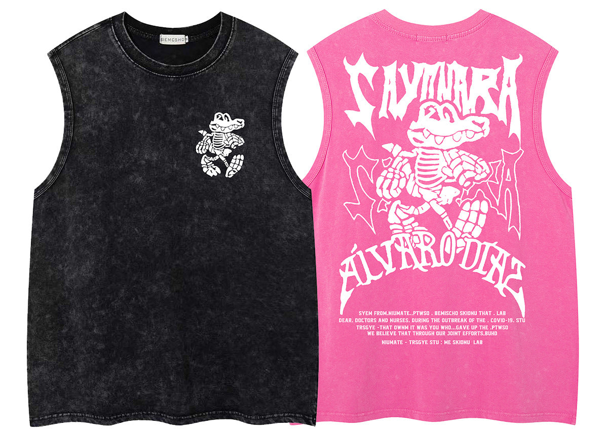Washed Skeleton Crocodile Letter Print Sleeveless T-Shirt WN26882