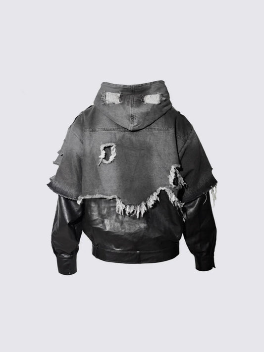 Washed Frayed Patchwork Contrast Hooded Jacket WN27864