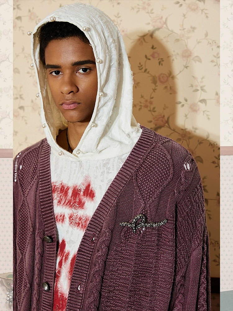 Irregular Cable Knit Patchwork Dyed Texture Knit Cardigan WN17965