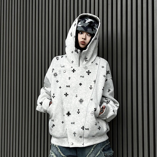 Deconstructed Patchwork Double Placket Print Zipper Hoodie WN24202