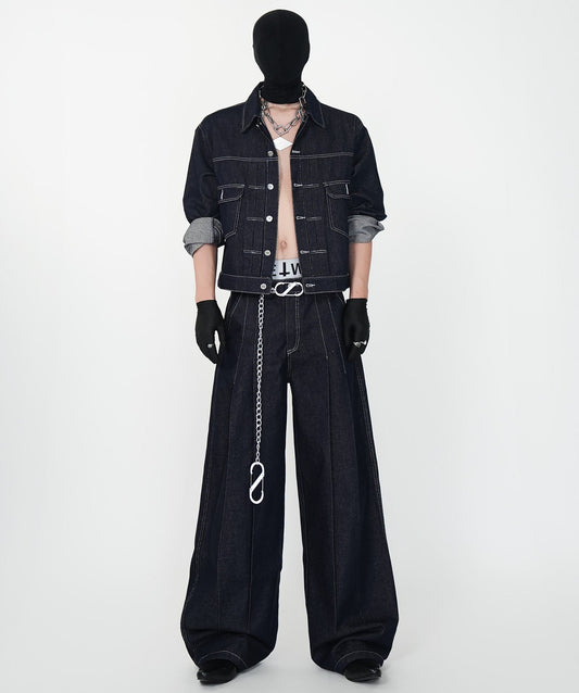 Contrast Stitch Short Jacket & Wide Leg Denim Jeans Setup WN24140