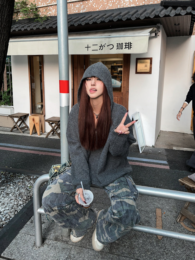 Half Zipper Design Oversize Knit Hoodie WN15353