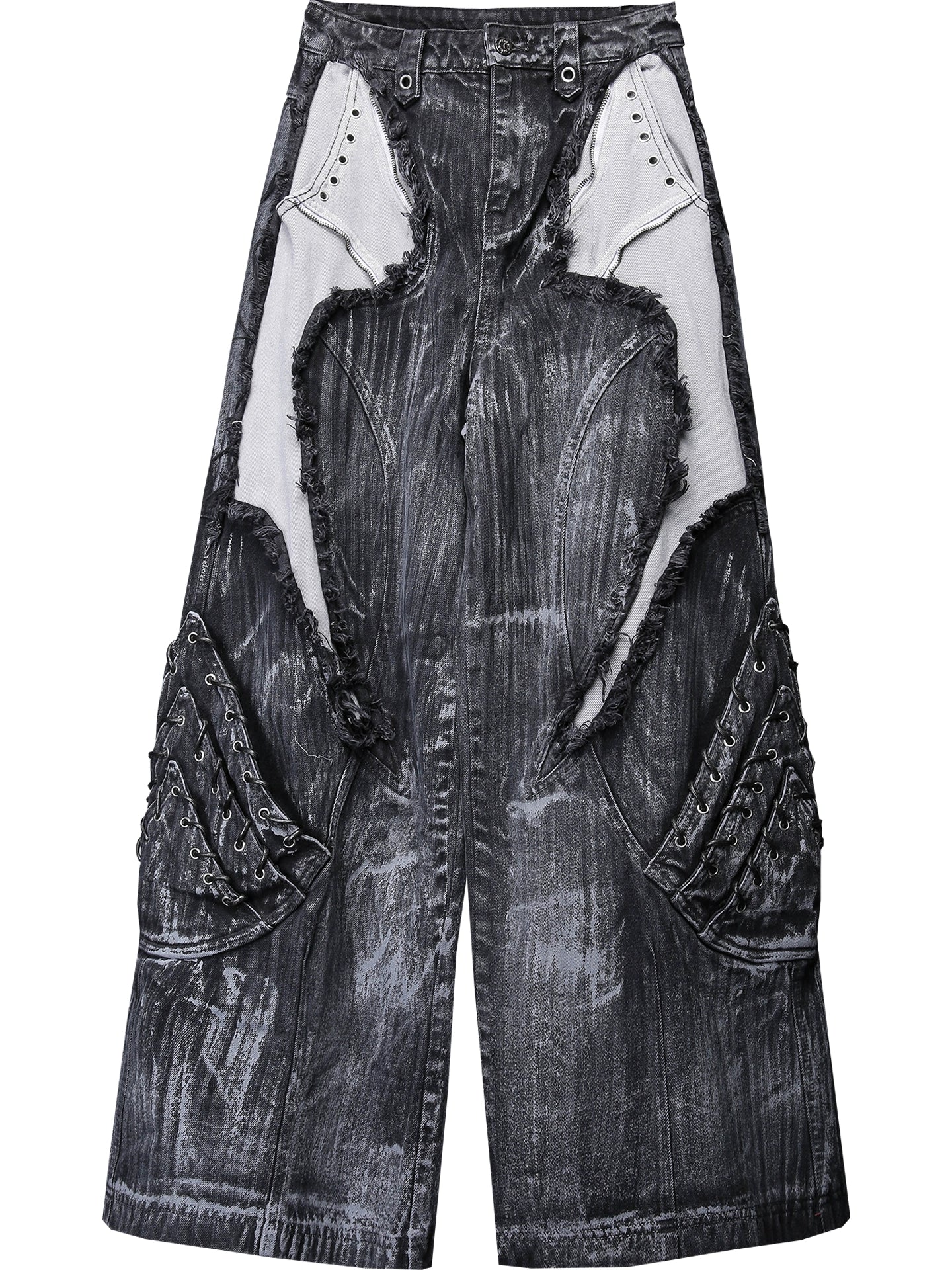 Damage Wash Mix Patch Deconstruct Wide Leg Denim Jeans WN22413