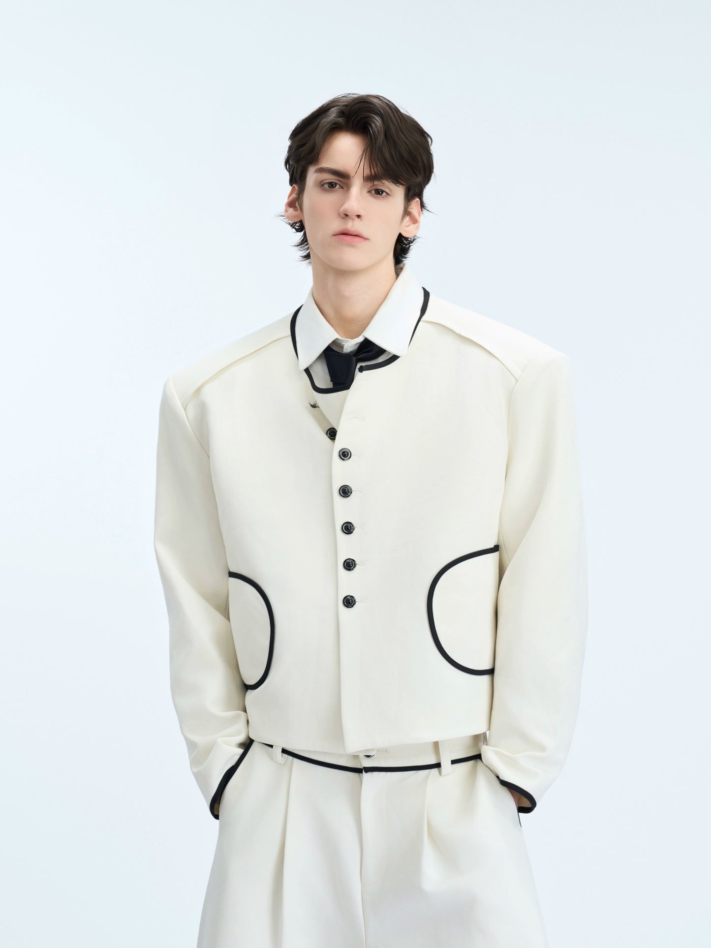 Colorblock Gem Button Collarless Short Jacket & Trousers Setup WN21757